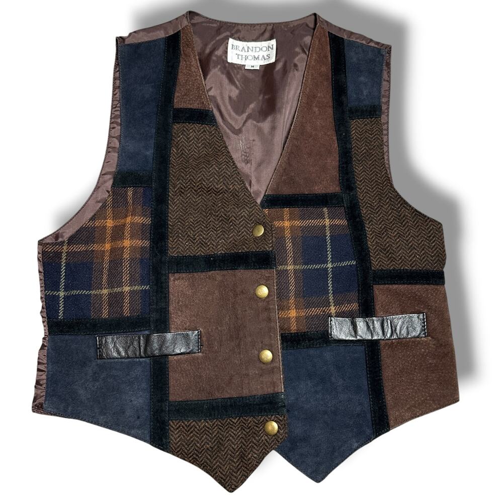 Vintage 90s Brandon Thomas Vest Leather Wool Plaid Patchwork Tweed Womens Sz M